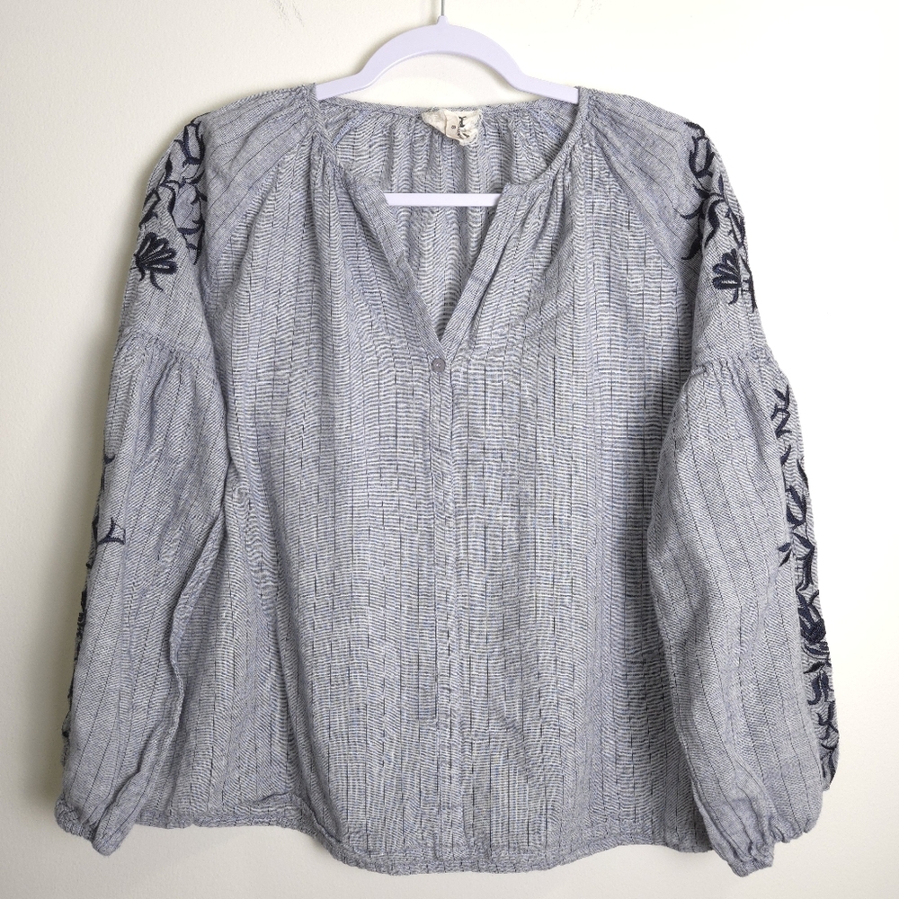 PPLA Clothing Socialite Woven Boho Embroidered‎ V neck Grey Blouse Top S